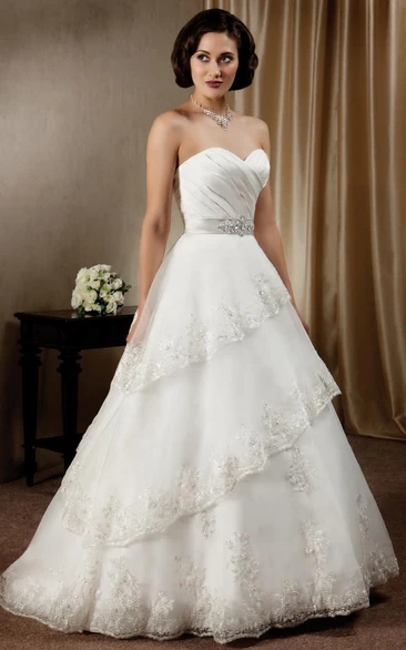 A-Line Sweetheart Satin Wedding Dress with Tiers and Jewellery