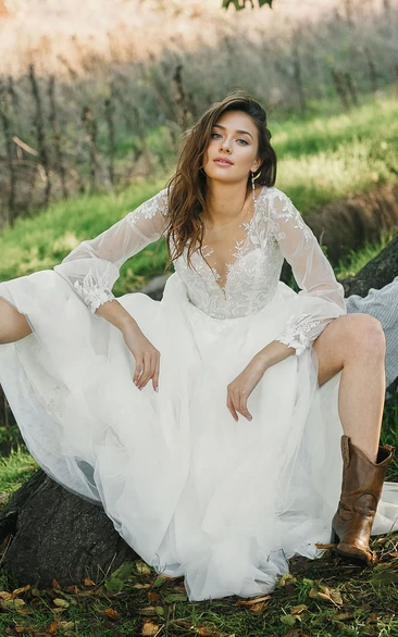 Flowers Lace Bohemian Ethereal A-Line Plunging Neckline Tulle Wedding Dress Romantic Garden Long Sleeve Floor-length Bridal Gown with Button V Back