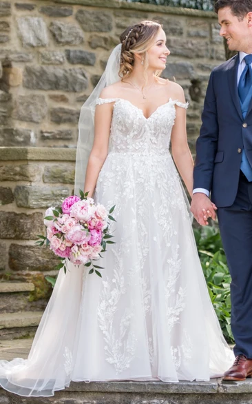 Gorgeous Off-the-Shoulder A-Line V-Neck Trailing Wedding Dress with Dreamy Appliqué
