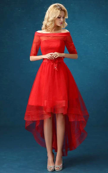 Off-The-Shoulder High-Low Bridesmaid Dress with Half Sleeves