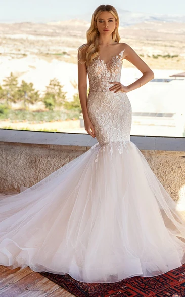 Sleeveless Lace Mermaid Wedding Dress with Illusion Romantic & Floor-length