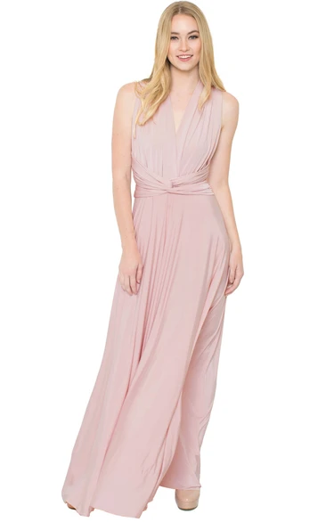 V-Neck Ruched Chiffon Bridesmaid Dress Floor-Length Sleeveless Convertible Multi-Color