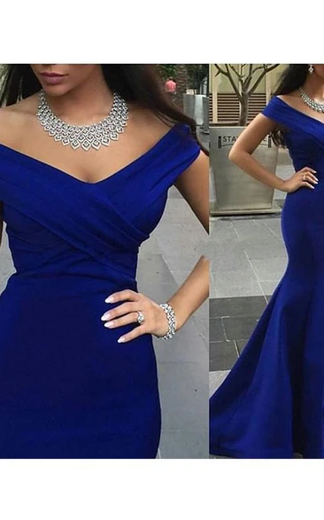 Off-the-Shoulder Satin Mermaid Dress with Sweep Brush Train