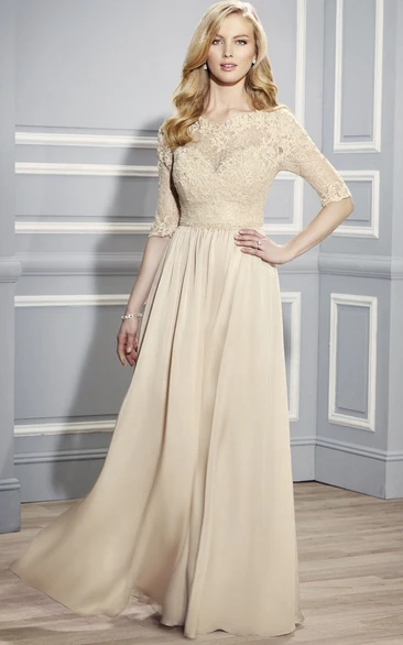 Illusion Back Bateau Neck Formal Dress with Half Sleeves and Appliques