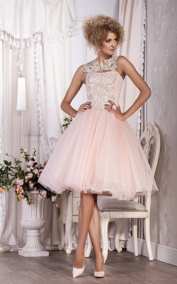 High-Neck Tulle A-Line Knee-Length Formal Dress with Appliques