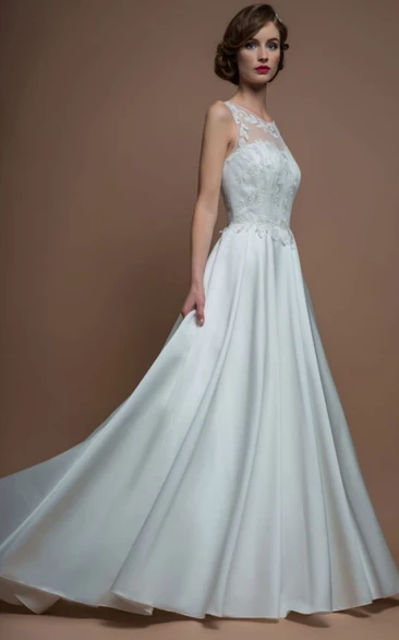 Satin A-Line Wedding Dress with Illusion Back and Brush Train