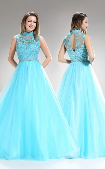 Illusion Tulle A-Line Formal Dress with Appliques and Beading