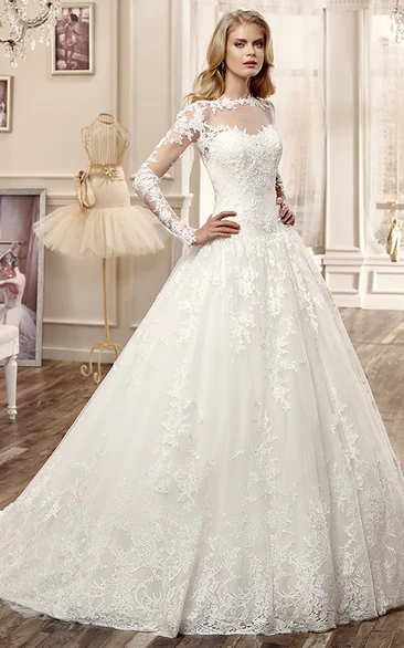 A-Line Wedding Dress with Brush Train and Appliques Classic Bridal Gown