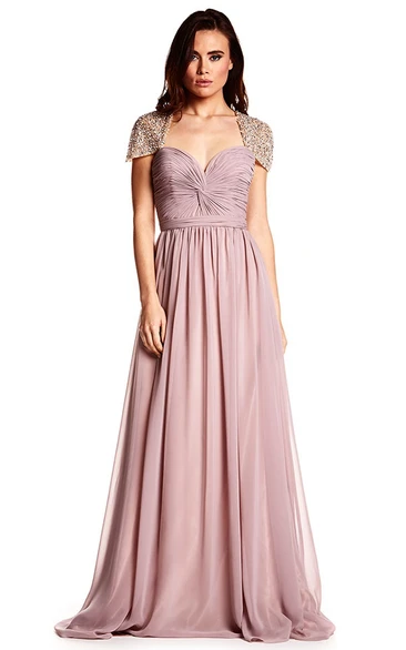 Ruched Sweetheart Chiffon Prom Dress Cap Sleeve Unique Flowy