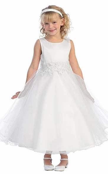 Bell-Sleeve Tiered Tulle & Lace Tea-Length Floral Flower Girl Dress