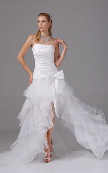 Organza High-Low Prom Dress with Ruffles Strapless Bow Design