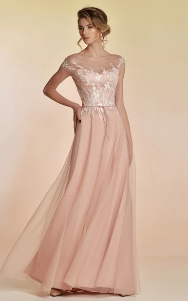 Bateau Neckline A-Line Tulle Formal Dress with Lace-Up Back Casual Sash Elegant