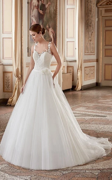 A-Line Tulle Wedding Dress with Flower and Ruffles