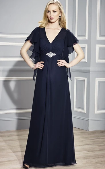 Jeweled Chiffon Poet Sleeve Mother Of The Bride Dress with V-Neck Elegant Formal Dress