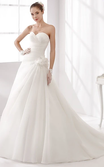 Chiffon A-Line Wedding Dress with Side Draping and Floral Embellishment