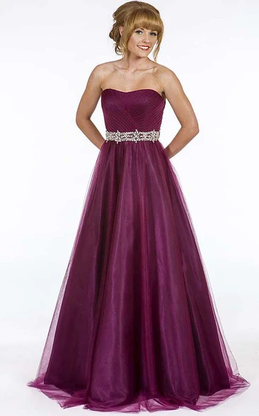 Strapless Maxi Ruched Tulle Prom Dress Classy Tulle Prom Dress with Strapless Neckline and Ruched Bodice