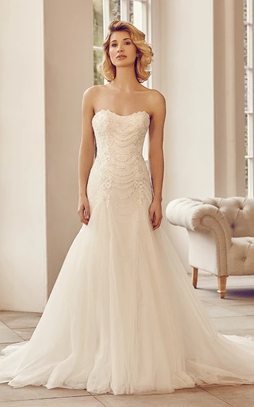 Beaded Strapless Tulle Wedding Dress with Court Train and Lace-Up Boho