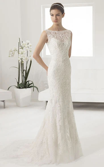 Mermaid Bridal Gown with Allover Lace Illusion Bateau Neck Wedding Dress