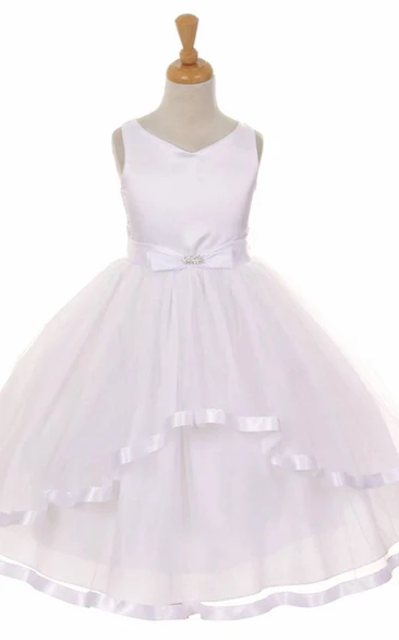 Peplum Tiered Tulle Flower Girl Dress with Ribbon Bridesmaid Dress