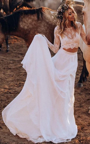 Two Piece Chiffon Lace Wedding Dress with Sweep Train Sexy Long Sleeve Bateau