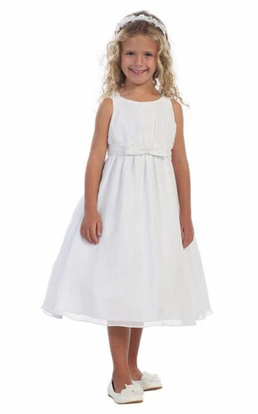 Tiered Chiffon Flower Girl Dress with Bowed Straps and Sash in Tea-Length