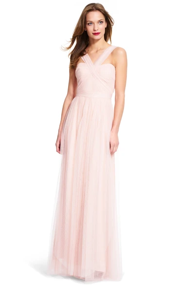 Sleeveless Tulle Sheath Bridesmaid Dress Maxi Style with Straps and Ruching