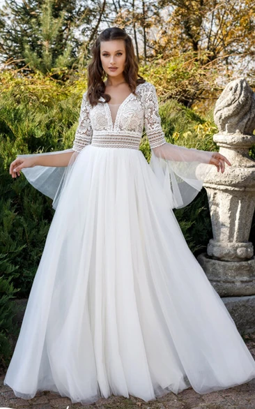 A-Line Tulle Wedding Dress with Plunging Neckline and Appliques Charming and Elegant