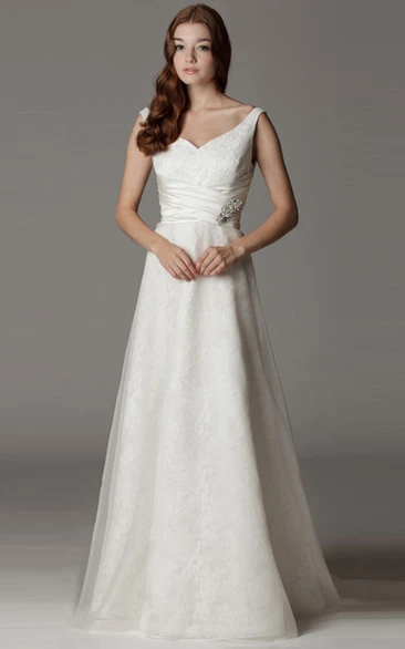 Sleeveless Satin A-Line Wedding Dress with Broach and Bow Detail