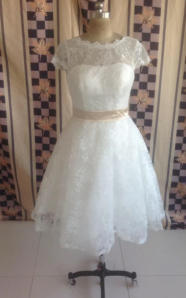 Vintage Short Sleeve Jewel Neck Lace Wedding Dress Classy Bridal Gown