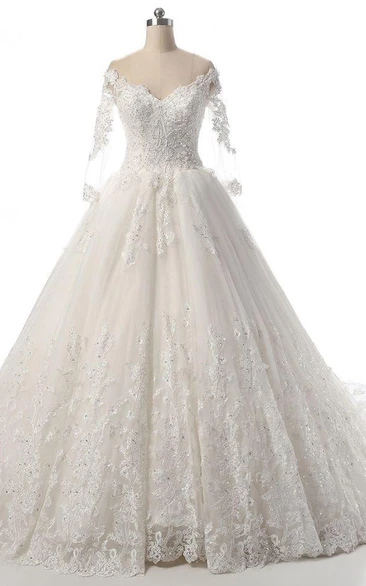 Long Sleeve Lace Dress with Court Train and Beading Illusion for Wedding