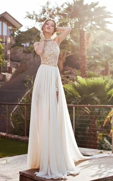 Lace Halter A-Line Chiffon Formal Dress with Sweep Train