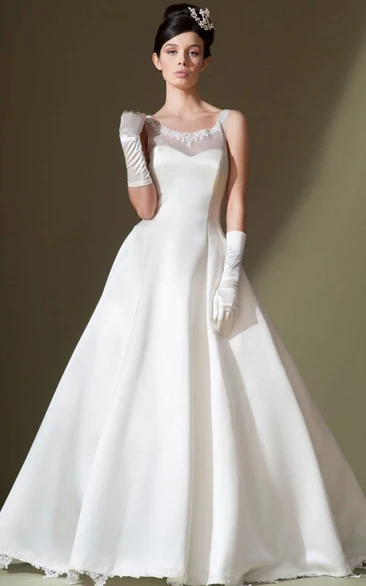 Sleeveless Satin Bateau Wedding Dress with Appliques and Low-V Back