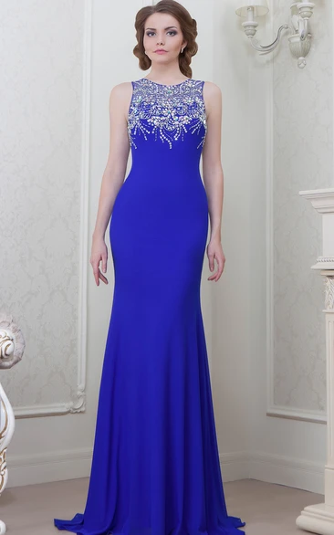 Beaded Scoop-Neck Sleeveless Jersey Prom Dress