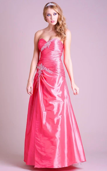 Satin Sweetheart A-Line Prom Dress with Ruching and Draping Floor-Length
