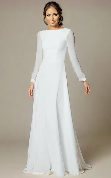 A-Line Simple Chiffon Jewel Wedding Dress with Illusion Long Sleeves