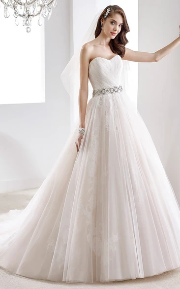 A-Line Wedding Dress with Beaded Belt and Pleated Skirt Sweetheart