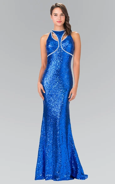 Sleeveless Jewel-Neck Sequin Prom Dress with Keyhole Detailing