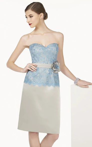 Knee Length Satin Prom Dress with Lace Top and Floral Sash