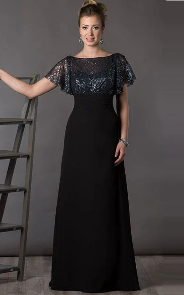 Bateau Sequin Chiffon Mother Of The Bride Dress With Short Batwing Sleeve Elegant Long Dress