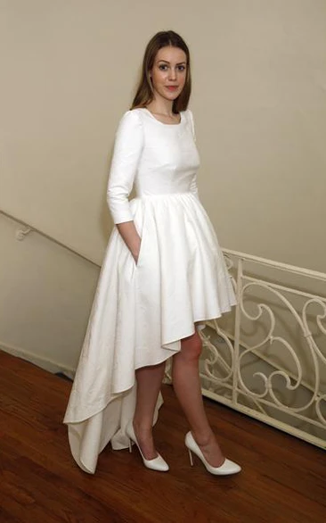 Modest Wedding Dress with Jewel Neck Long Sleeves and Asymmetrical Hem