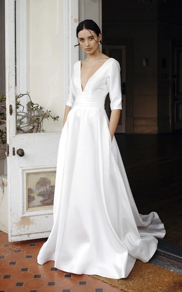 Elegant Satin V-Neck Wedding Dress with 3/4 Sleeves and Court Train