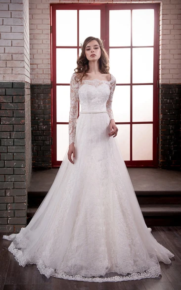 Lace Tulle A-Line Dress with Long Sleeves Bateau Neckline and Jeweled Waist