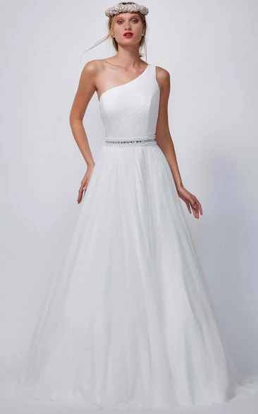 Ruched Chiffon One-Shoulder Bridesmaid Dress with Court Train Classic Bridal Gown