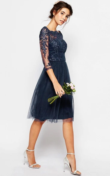 Knee-Length Tulle Bridesmaid Dress with 3-4-Sleeves and Bateau-Neck Illusion