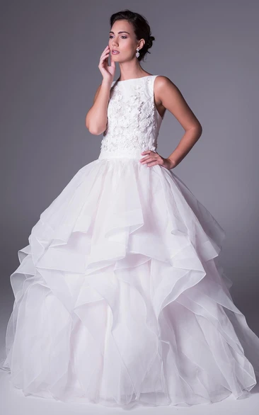 Appliqued Tulle Ball Gown Wedding Dress with Bateau-Neck and Draping