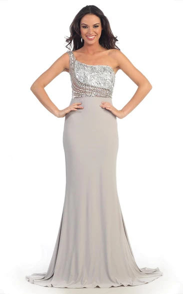 Illusion One-Shoulder Sleeveless Jersey Formal Dress with Beading and Sequins