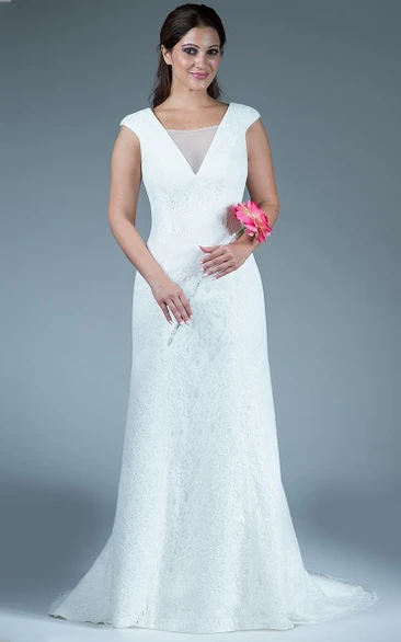 Allover Lace Bridesmaid Dress with Train V Neck Cap Sleeves