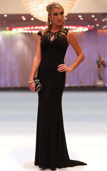 Sheath Chiffon Prom Dress with Beaded Cap-Sleeves Scoop-Neck Long Pleated