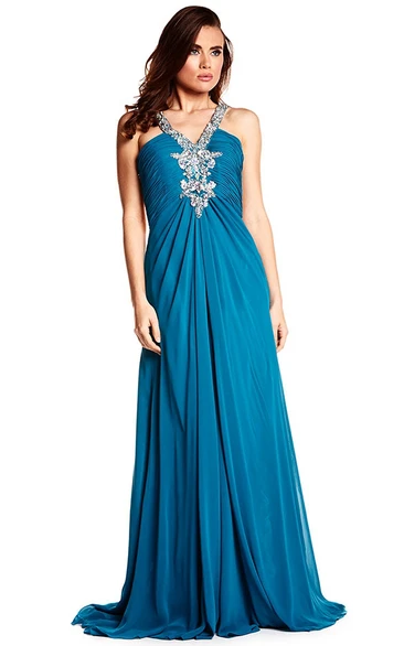 A-Line Chiffon Prom Dress with Straps and Beading Ruched Sleeveless Empire Dress