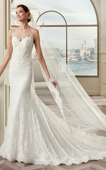 Illusive Lace Wedding Dress with Brush Train Cap Sleeves and Jewel Neck
